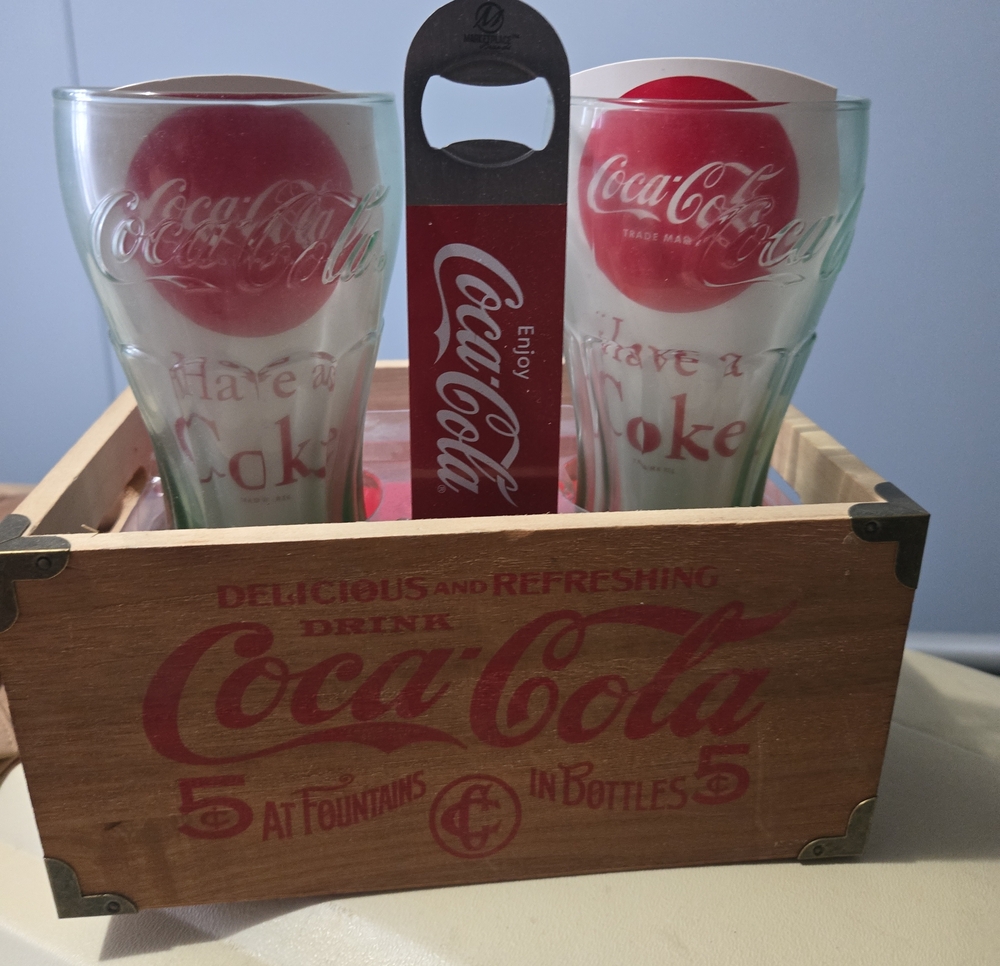 Coca Cola Glasses Set with Red Logo and Wooden Carrier